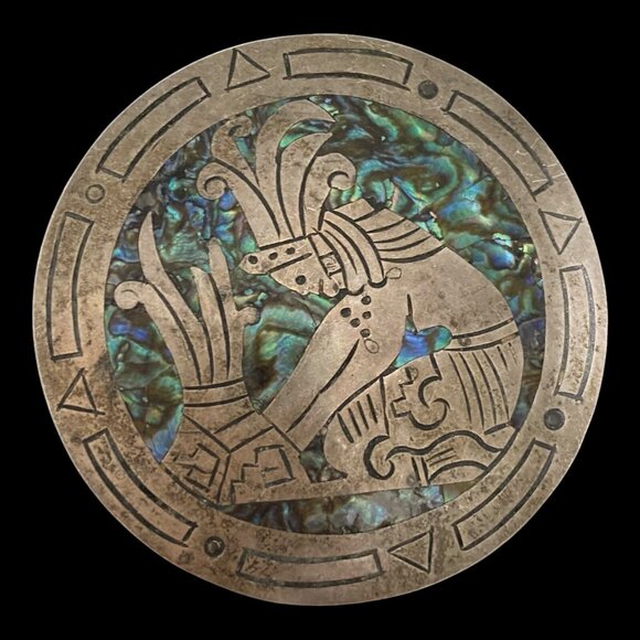 Brooch 2.5" Abalone Shell Mayan Design Sterling Silver 925 Mexico - Picture 5 of 11